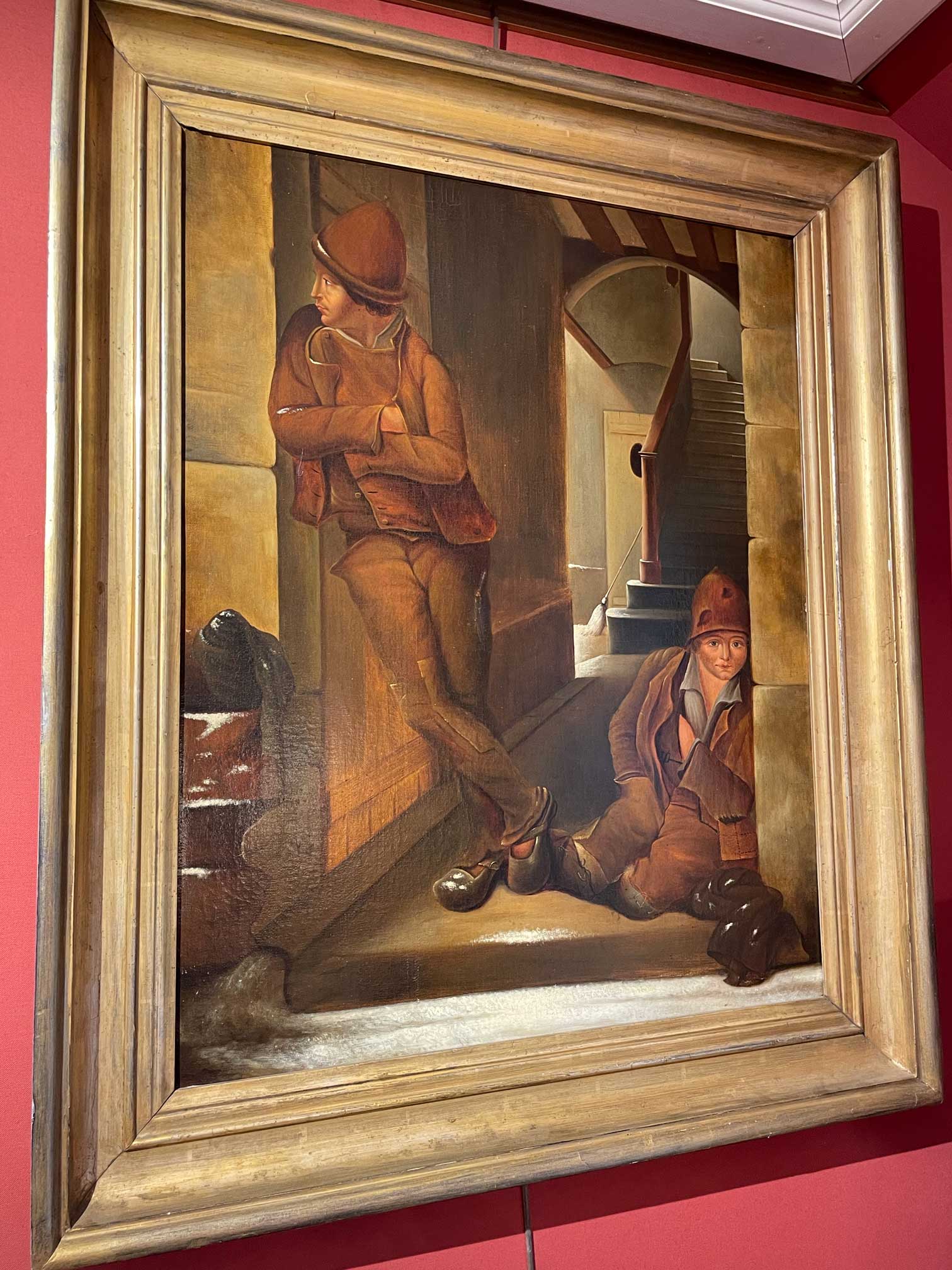 Tableau deux hommes dans l'escalier 18ème siècle